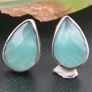 Dainty Aqua Chalcedony & 925 Sterling Silver Pear Shaped Post Earrings